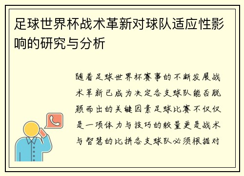 足球世界杯战术革新对球队适应性影响的研究与分析