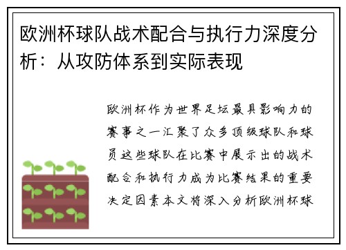 欧洲杯球队战术配合与执行力深度分析：从攻防体系到实际表现
