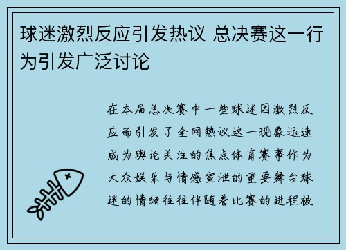 球迷激烈反应引发热议 总决赛这一行为引发广泛讨论