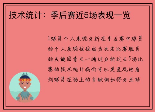 技术统计：季后赛近5场表现一览